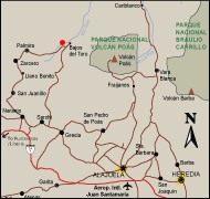 Map of driving directions to Central Volcanic Range, in Toro River Valley, between Poas Volcano and Juan Castro Blanco National Parks. Costa Rica
